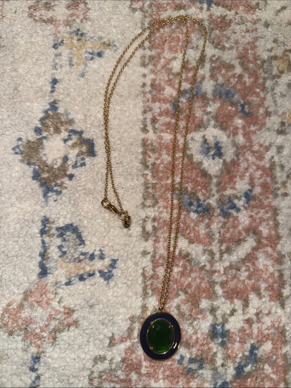J.Crew Long Gold Chain Necklace with Green and Navy Oval Pendant
